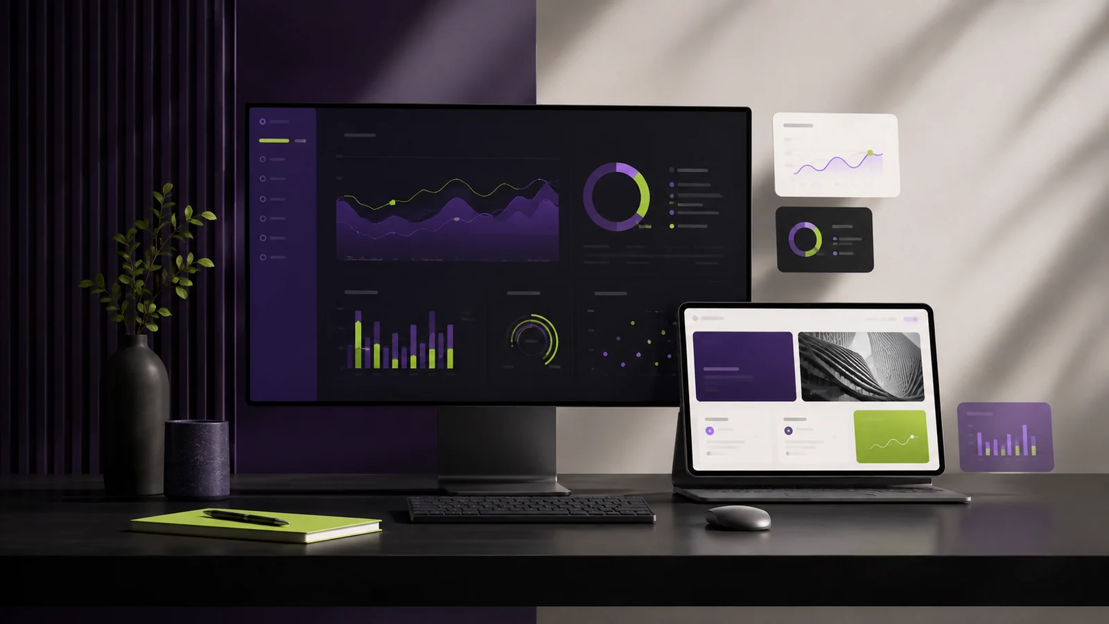 Dashboard e interfaces de sistema em ambiente de trabalho